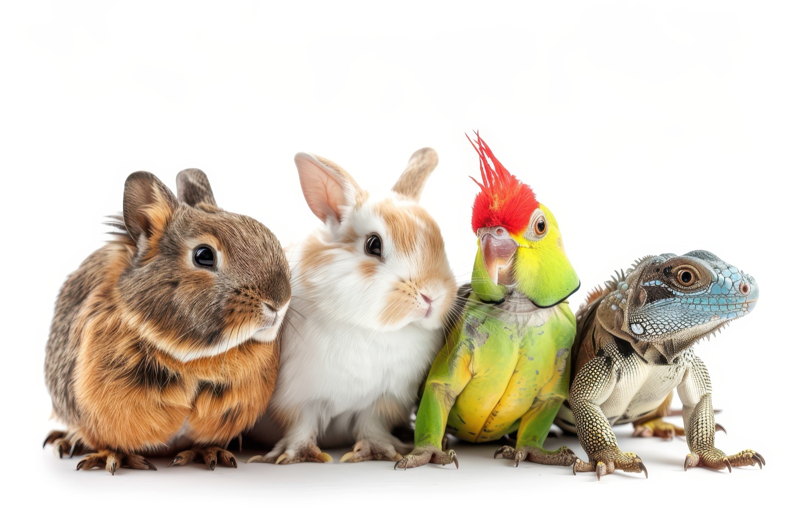 Animali esotici: cavia, coniglio, pappagallo e iguana