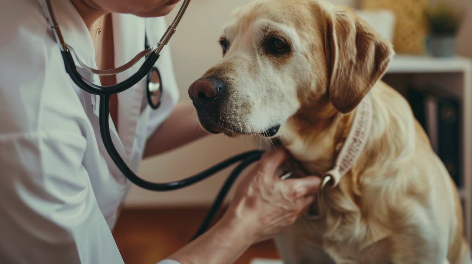 Veterinaria ascolta il cuore di un cane con lo stetoscopio